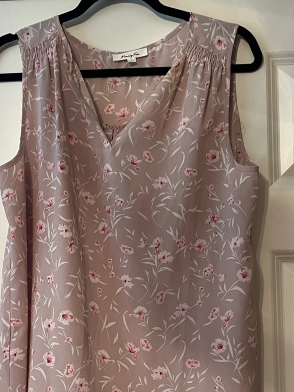 Monday Fun Taupe Floral Scoop Neck Blouse with Pink Accent
